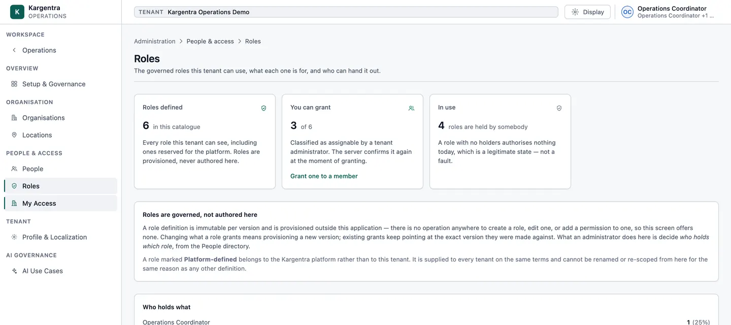 Governed roles listing each role and the permissions it grants.