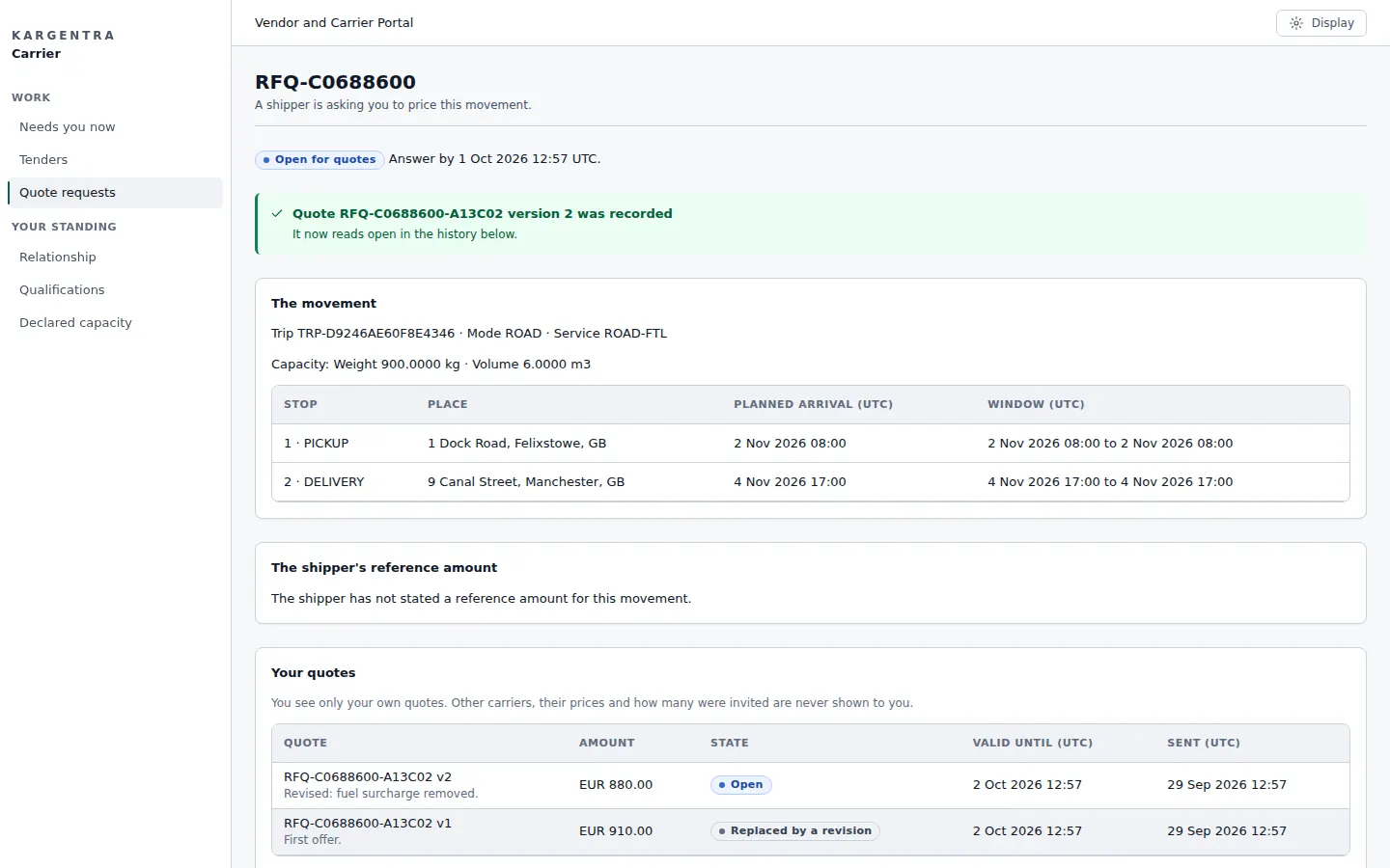 Carrier portal quote request where the carrier submits and revises a price.