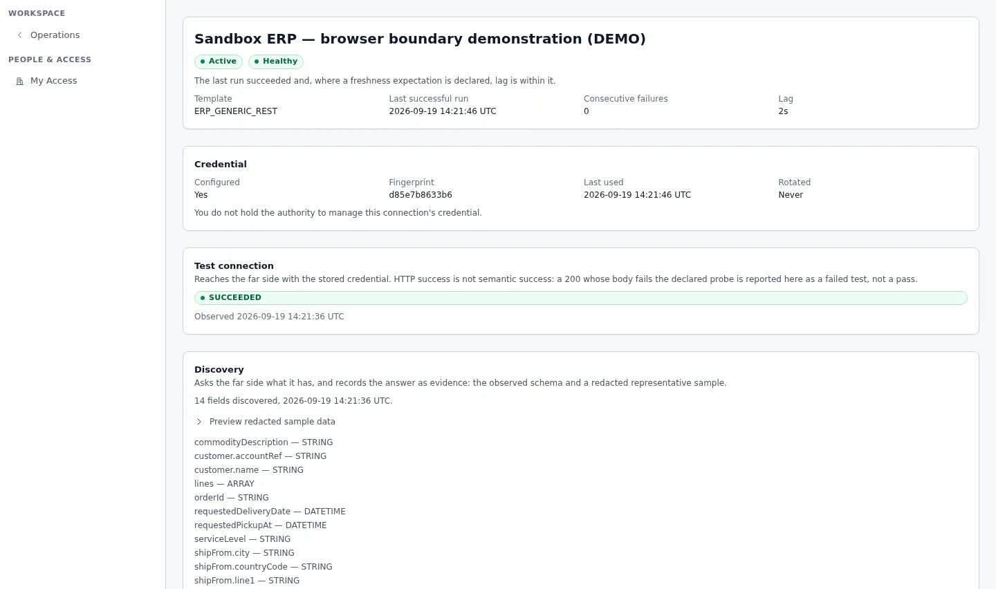 Connector Hub showing a healthy ERP connection with its exchange history.