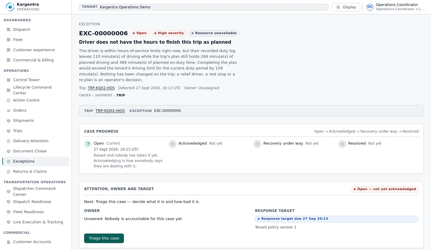 Exception case for a driver hours-of-service conflict, showing case progress, the owner and the recovery steps.