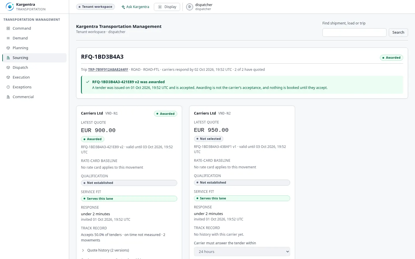 Spot quote comparison listing carrier bids side by side with the award decision.