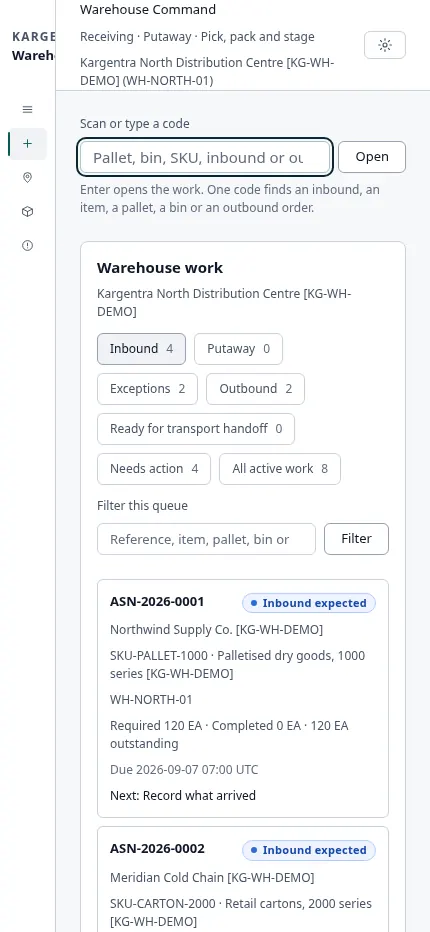 Warehouse handheld inbound queue showing an expected supplier shipment notice ready to receive.