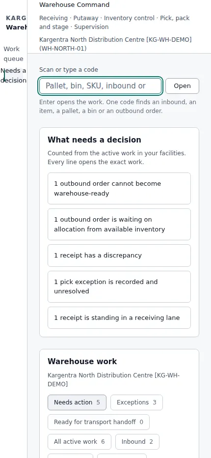Warehouse supervisor view listing what needs a decision across the facility.